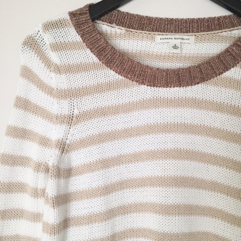 Banana Republic Striped Cotton Sweater - White Tan Brown - Small